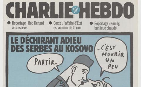 "Le déchirant adieu des Serbes au Kosovo", dessin de Willem, 1999 - source : Charlie Hebdo-BnF
