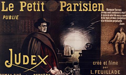 Affiche de Judex par Leonetto Cappiello (1916) mettant en parallèle le feuilleton (« ciné roman ») publié dans Le Petit Parisien - source : WikiCommons