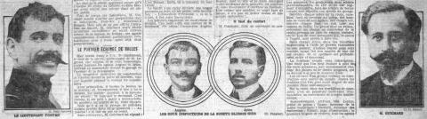 De gauche à droite : le Lieutenant Fontan, les inspecteurs de la sûreté Augène et Arlon, blessés pendant l'assaut, et M. Guichard. Le Petit Parisien, 29 avril 1912 - source : RetroNews-BnF