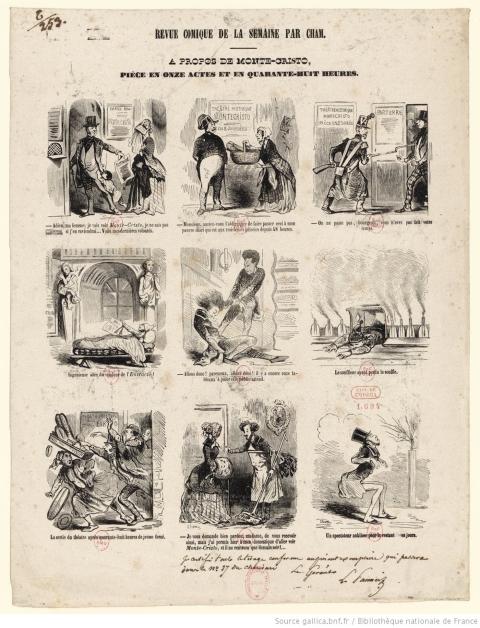 Revue comique de la semaine par Cham. « À propos de Monte-Cristo », pièce en onze actes, estampe, 1848 - source : Gallica-BnF