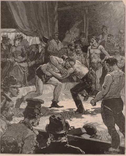 "L'arène athlétique" à la Foire du Trône, dessin de M. de Haenen, 1883 - source : Gallica-BnF