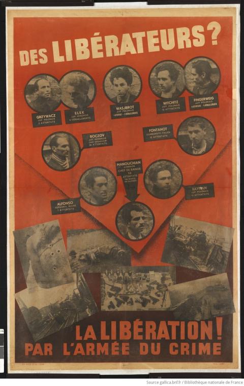 L’illustre « Affiche rouge » placardée par la police française et montrant les visages du groupe de Résistance FTP-MOI, 1944 – source : Gallica-BnF