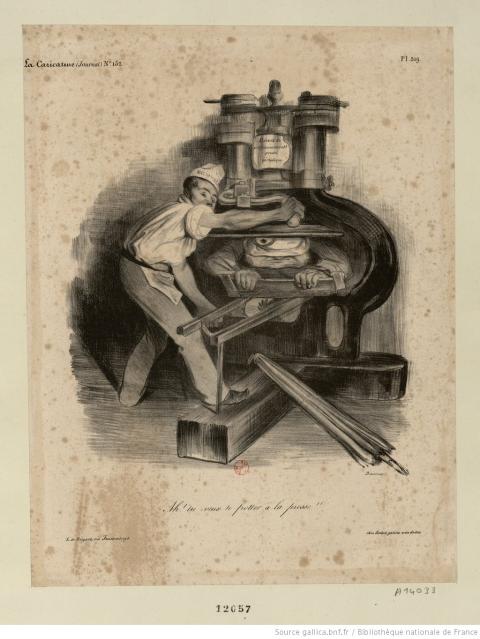 "Ah ! tu veux te frotter à la presse !!" Le National écrase Louis-Philippe sous sa presse ; L. de Becque - source : Gallica-BnF