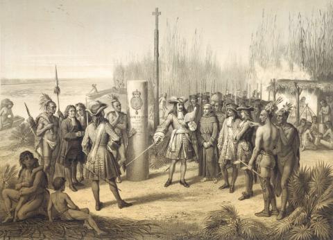 Prise de Possession de la Louisiane et du Fleuve Mississipi, Au Nom de Louis XIV, par Cavelier de la Salle, le 9 Avril 1682, Jean-Adolphe Bocquin, circa 1870 - source : Gallica-BnF