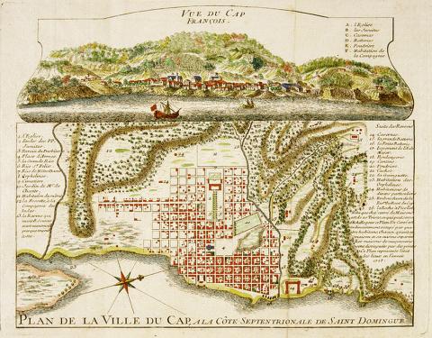 Gravure ancienne représentant le Cap Français à Saint-Domingue en 1728 - source : WikiCommons