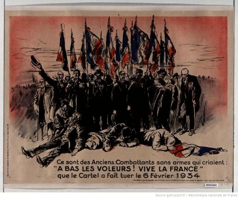 Ce sont des anciens combattants sans armes qui criaient : "A bas les voleurs ! vive la France" que le Cartel a fait tuer le 6 février 1934, affiche, 1936 - source : Gallica-BnF