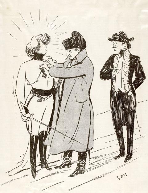 « L'Affaire Sarah Bernhardt-Edmond Rostand est arrangée... Napoléon: Ma chère amie, vous savez bien que vous serez toujours... l'AIGLON ! », Gaulois du dimanche, 1900 - source : Gallica-BnF