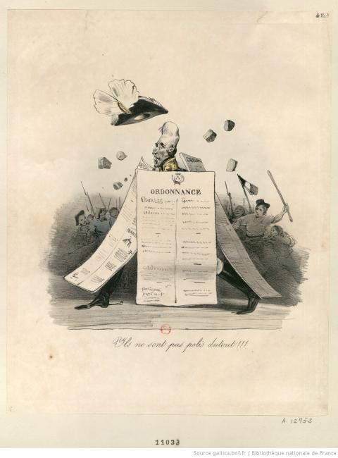 Charles X est accueilli à coups de pierres et de bâtons par le peuple français, 1830 - source : Gallica-BnF
