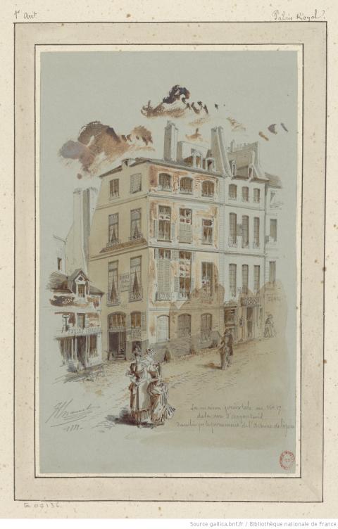 La maison Prévotale au n° 17 de la rue d'Argenteuil démolie par le percement de l'Avenue de l'Opéra ; dessin , J.A Chauvet, 1881 - source : Gallica-BnF