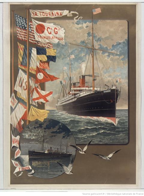La Touraine. Compagnie Générale Transatlantique New-York. Le Havre en 7 jours, affiche, Hugo d'Alési, Paris, 1891 - source : Gallica-BnF