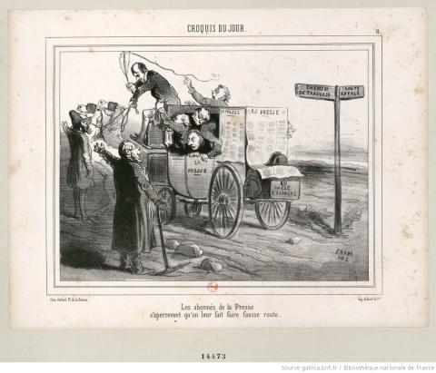 Les abonnés de la Presse s&#039;apercevant qu&#039;on leur fait faire fausse route ; Cham - source : Gallica-BnF