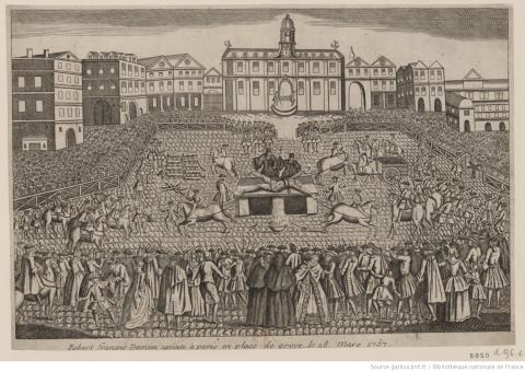 Robert François Damien exécuté à Paris en place de Grève le 28 mars 1757, estampe - source : Gallica-BnF