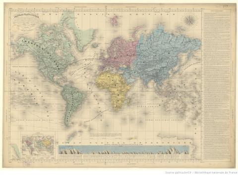 Nouveau planisphère présentant toutes les découvertes dans les mers polaires... et les itinéraires des paquebots ; Charles ; Vuillemin ; Bès et Dubreuil, Paris, 1886 - source : Gallica-BnF