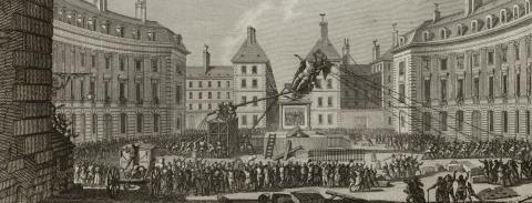 Statue de Louis XIV abattue place des Victoires les 11, 12, 13 aoust 1792, estampe de J.-L. Prieur, 1802 – source : Gallica-BnF
