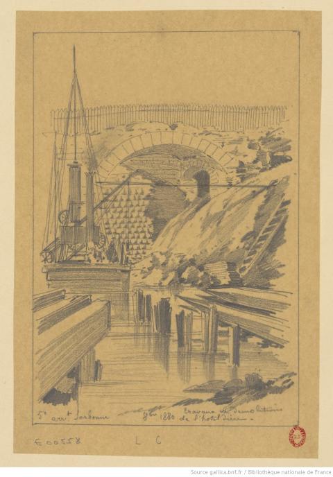 Travaux de démolition de l'hôtel dieu ; dessin, J. A. Chauvet, 1880 - source : Gallica-BnF