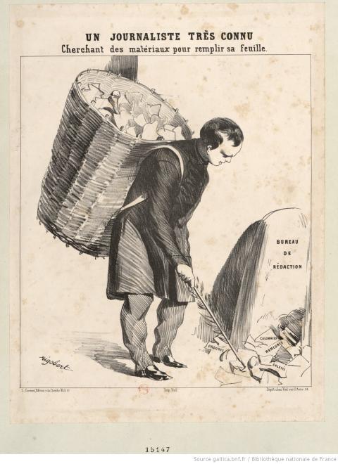 Un journaliste très connu cherchant des matériaux pour remplir sa feuille ; Rigobert ; 1848 - source : Gallica-BnF